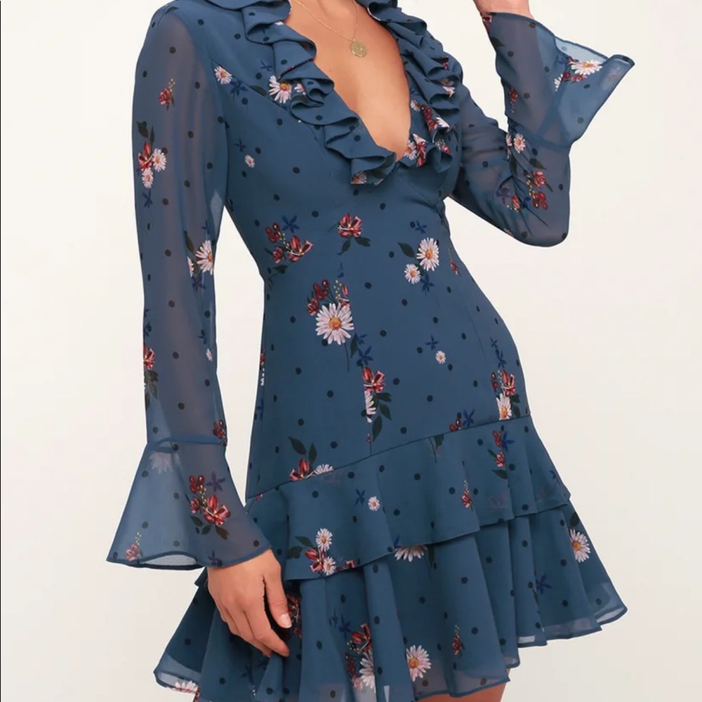 Keepsake Run Free Dark Slate Blue Floral Print Ruffled Long Sleeve Dress